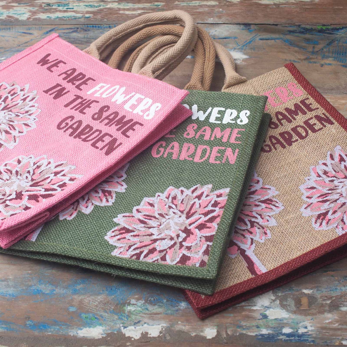 Printed Jute Bag - We are Flowers - Olive, Pink or Natural