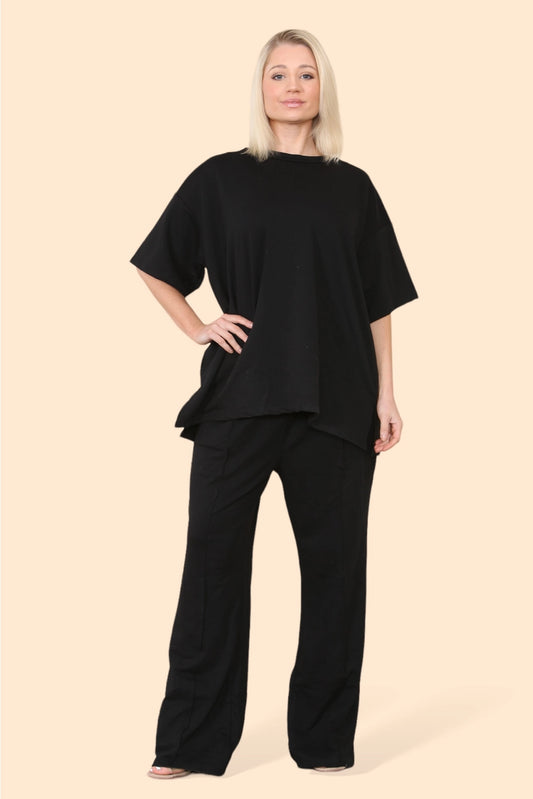 Cotton Set T-Shirt Matched with Wide Leg Trousers - By Lucy Sparks